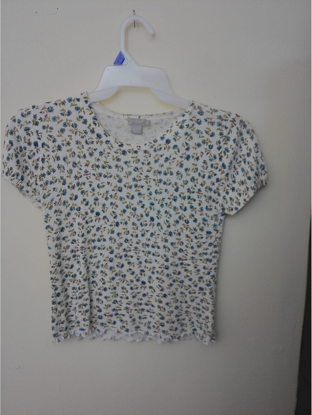 J Crew Top Womens White Blue Floral Y2K Inspired Size S Short Sleeve Lettuce Hem